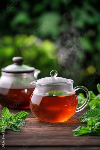 Brewing aromatic mint tea in a glass teapot surrounded by fresh mint leaves and a serene garden