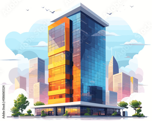 Tall building with a blue and orange facade is surrounded by trees and buildings. The sky is cloudy and the sun is setting
