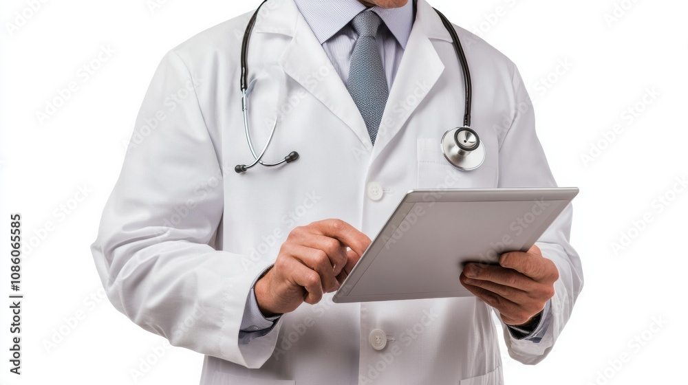 A doctor wearing a white coat examines patient data on a tablet while standing in a clinical setting, focused on delivering care. Generative AI A doctor wearing a white coat examines patient data on a tablet while standing in a clinical setting, focused on delivering care. Generative AI