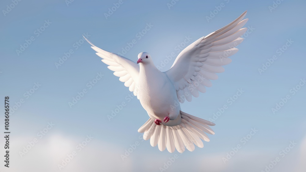 White Dove Soaring in a Clear Blue Sky with Soft Clouds in the Background White Dove Soaring in a Clear Blue Sky with Soft Clouds in the Background