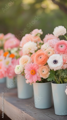Beautiful pastel flower arrangements in light blue vases at an outdoor spring market