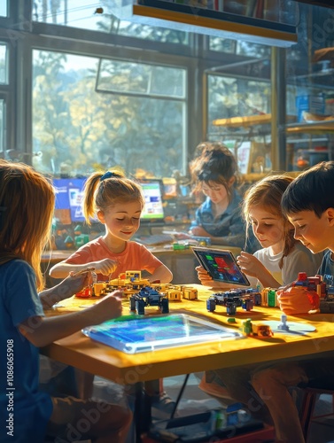 Happy diverse school children students group building robotic vehicle robot cars using tablet computer education software apps. Kids learning programming sit at table at STEM coding engineering class