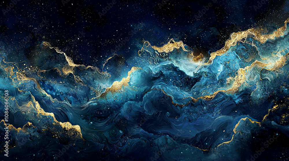 Surreal cosmic wave with shimmering gold and deep blue hues, intricate details, ethereal feel