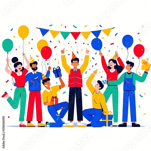 Joyful group celebrating with balloons, confetti, and gifts.