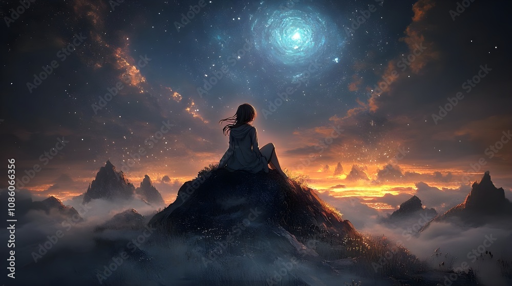 Serene Figure Contemplating the Cosmic Sky at Dusk Over Mountain Landscape with Stars and Clouds in Dreamy Atmosphere Serene Figure Contemplating the Cosmic Sky at Dusk Over Mountain Landscape with Stars and Clouds in Dreamy Atmosphere