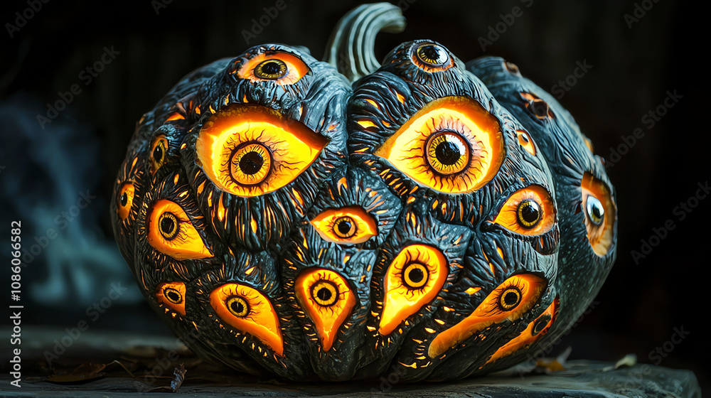 Fototapeta premium Glowing pumpkin with intricately carved eyes illuminated in the dark of Halloween night