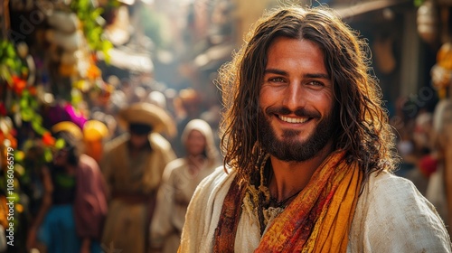 Jesus Christ in a Jerusalem market, smiling and sharing with people photo