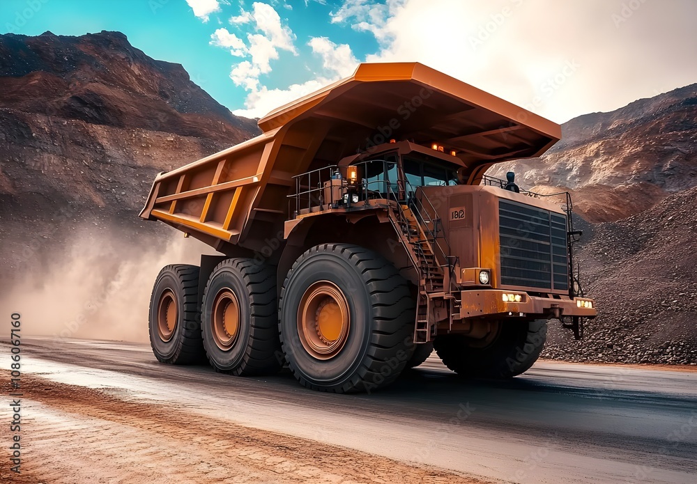 Heavy-duty Dump Truck in Open Mine Landscape Capturing Dust Clouds and Mountain Backdrop Reflecting Industrial Power and Robust Engineering Heavy-duty Dump Truck in Open Mine Landscape Capturing Dust Clouds and Mountain Backdrop Reflecting Industrial Power and Robust Engineering