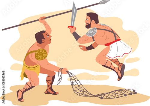 Gladiators fight scenes. Ancient Roman warriors. People in armor. Legionnaires in battlefield. Colosseum battles. Soldiers attacking and defending with weapon. Splendid vector concept