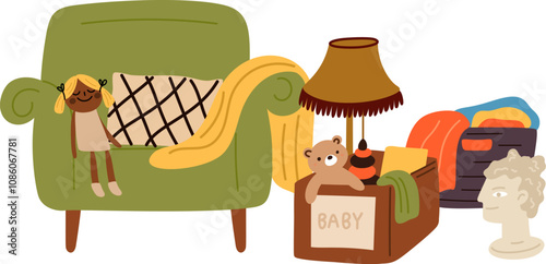Garage sale things. Flea market compositions. Vintage stuff arranging. Second Hand clothes or retro furniture. Fair bazaar. Rack with books and interior sofas. Garish vector concept