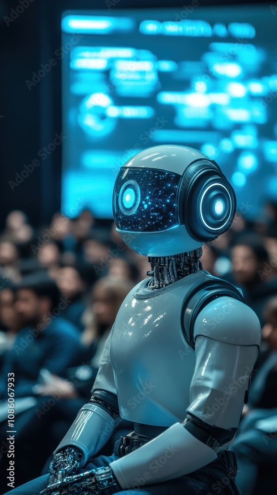 Ai teacher lectures in front of large screen with blurred audience Ai teacher lectures in front of large screen with blurred audience