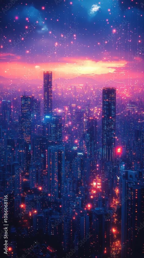 Fototapeta premium Smart city g connectivity diagram with neon lights and skyscrapers