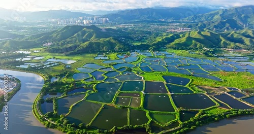 Mountains with river and fish ponds landscape at sunrise in Hong Kong