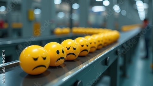 Yellow sad smileys are produced on the latest conveyor belt