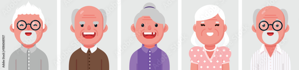 Set of flat portraits of elderly people. Collection of colored cartoon characters old woman and man, profile picture, vector illustration. Set of flat portraits of elderly people. Collection of colored cartoon characters old woman and man, profile picture, vector illustration.