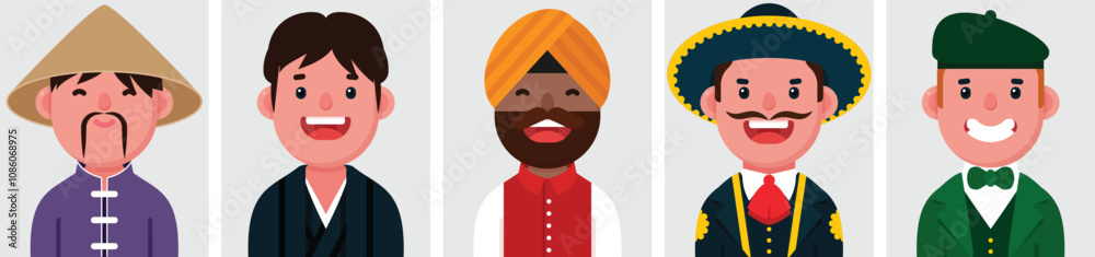 Set of flat portraits of Different nationalities men. Collection of colored cartoon characters men, profiles picture, Chinese, Indian, Japanese, Irish, Mexican, vector illustration. Set of flat portraits of Different nationalities men. Collection of colored cartoon characters men, profiles picture, Chinese, Indian, Japanese, Irish, Mexican, vector illustration.