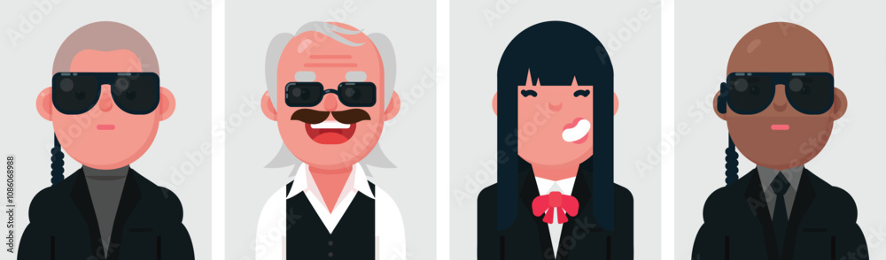 Set of flat portraits of A gang of criminals with their own boss and guards. Collection of colored cartoon characters woman and man, profile picture, vector illustration. Set of flat portraits of A gang of criminals with their own boss and guards. Collection of colored cartoon characters woman and man, profile picture, vector illustration.