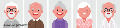 Set of flat portraits of elderly people. Collection of colored cartoon characters old woman and man, profile picture, vector illustration.