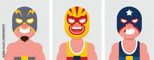 Set of flat portraits of Mexican wrestling. Collection of colored cartoon character sport man with lucha masks in different poses and outfits, profiles pictures, vector illustration.