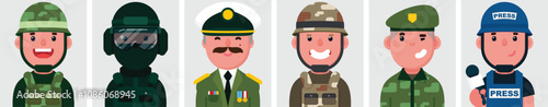 Set of flat portraits of Army men. Collection of colored cartoon characters men, profiles picture, Soldier, Warrior, commander, Special Forces, Navy Forces, press, vector illustration.