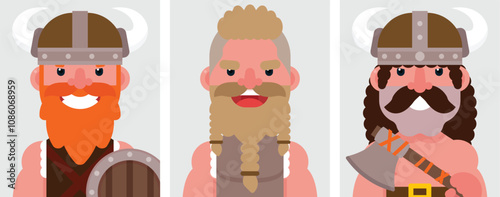 Set of flat portraits of Viking men. Collection of colored cartoon characters warrior men with weapons, profiles picture, vector illustration.