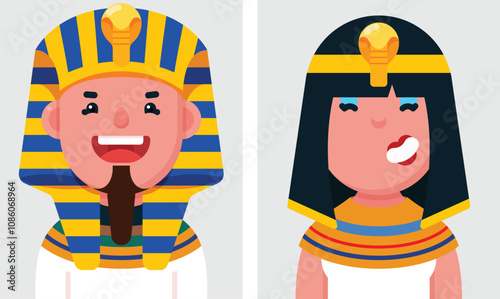 Set of flat portraits of Pharaohs people. Collection of colored cartoon characters woman and man wearing Traditional dress of Pharaonic Egypt, profile picture, vector illustration.