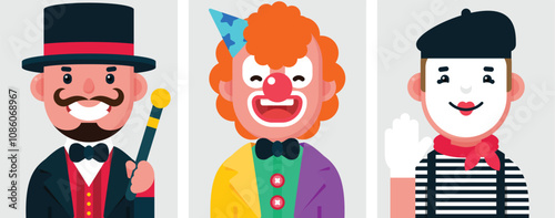 Set of flat portraits of circus people. Collection of colored cartoon entertainment characters men, profile picture, wizard, magician, clown, mime, vector illustration.
