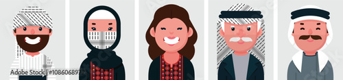 Set of flat portraits of Palestinian people. Collection of colored cartoon characters arabic woman and men wearing Traditional dress of Palestine in Jerusalem, profile picture, vector illustration.