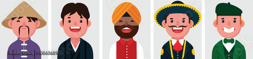 Set of flat portraits of Different nationalities men. Collection of colored cartoon characters men, profiles picture, Chinese, Indian, Japanese, Irish, Mexican, vector illustration.