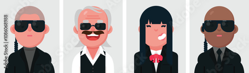 Set of flat portraits of A gang of criminals with their own boss and guards. Collection of colored cartoon characters woman and man, profile picture, vector illustration.