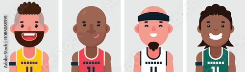 Set of flat portraits of Basketball team. Collection of colored cartoon characters sport athlete man, profiles picture, vector illustration.