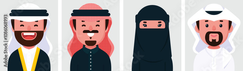 Set of flat portraits of Saudi Arabia people. Collection of colored cartoon characters arabic woman and man wearing Traditional dress of KSA, profile picture, vector illustration.