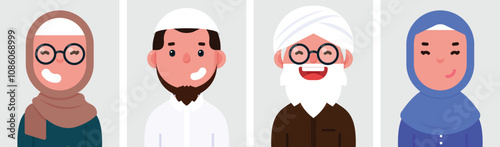 Set of flat portraits of islamic people. Collection of colored cartoon characters muslim women with hijab and men, profile picture, vector illustration.
