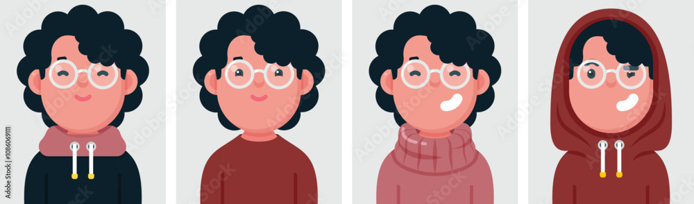 Set of flat portraits of happy afro man wearing white glasses. Collection of colored cartoon character man in different poses and outfits, profiles pictures, vector illustration. Set of flat portraits of happy afro man wearing white glasses. Collection of colored cartoon character man in different poses and outfits, profiles pictures, vector illustration.