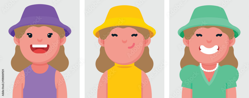 Set of flat portraits of happy blond woman wearing bucket hat. Collection of colored cartoon character elegant woman in different poses and outfits, profiles pictures, vector illustration. Set of flat portraits of happy blond woman wearing bucket hat. Collection of colored cartoon character elegant woman in different poses and outfits, profiles pictures, vector illustration.