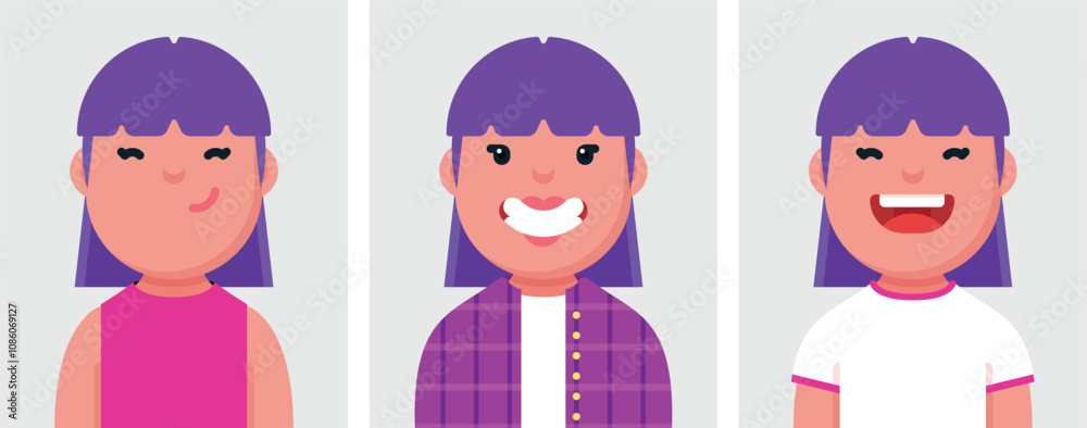 Set of flat portraits of happy smiling woman with purple hair. Collection of colored cartoon character woman in different poses and outfits, profiles pictures, vector illustration. Set of flat portraits of happy smiling woman with purple hair. Collection of colored cartoon character woman in different poses and outfits, profiles pictures, vector illustration.