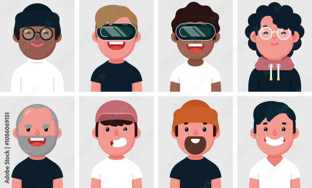 Set of flat portraits of happy men. Collection of colored cartoon characters men in different outfits, profiles picture, vector illustration. Set of flat portraits of happy men. Collection of colored cartoon characters men in different outfits, profiles picture, vector illustration.