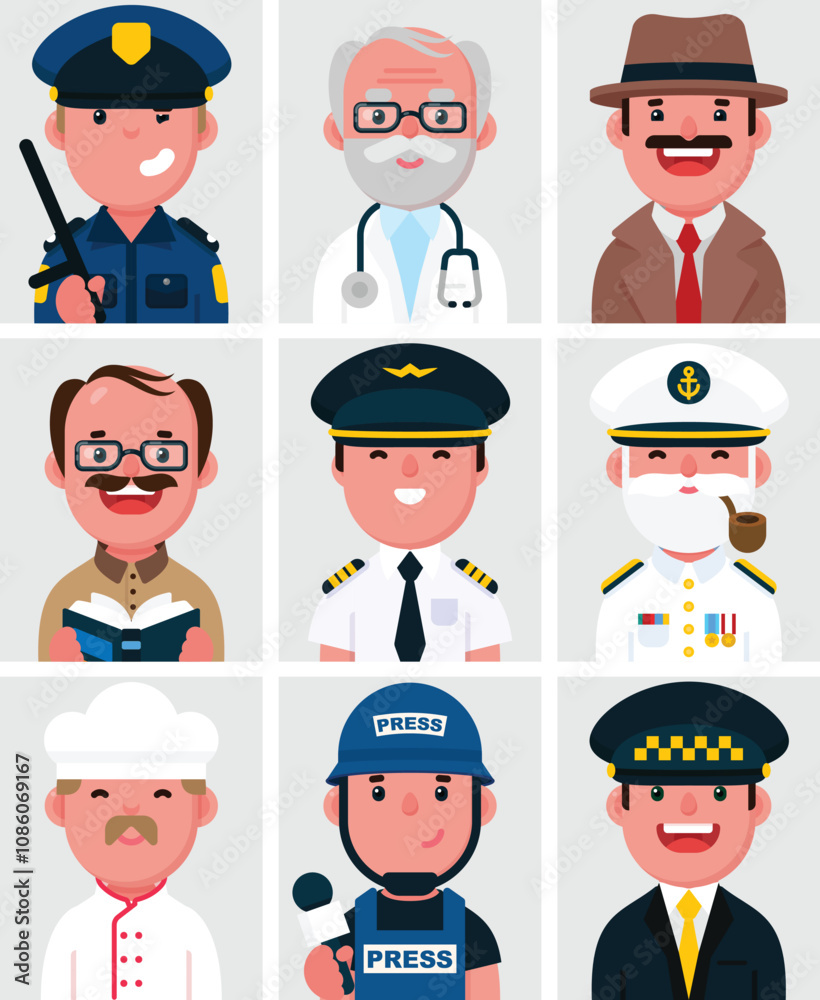 Set of flat portraits of Professions people. Collection of colored cartoon male characters, Policeman, Doctor, Investigator, Teacher, Pilot, Naval admiral, Cook, Press, Taxi Driver, illustration Set of flat portraits of Professions people. Collection of colored cartoon male characters, Policeman, Doctor, Investigator, Teacher, Pilot, Naval admiral, Cook, Press, Taxi Driver, illustration