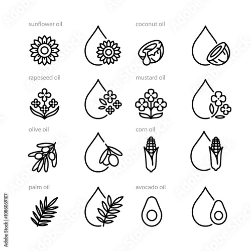 Cooking oil icon set - sunflower, coconut, palm, rapeseed, mustard, avocado, olive, corn oil. Linear illustration of various agriculture oilseeds crops and symbols of oil. Minimalist style, editable s