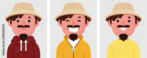 Set of flat portraits of happy man with mustache wearing bucket hat. Collection of colored cartoon character man in different poses and outfits, profiles pictures, vector illustration.