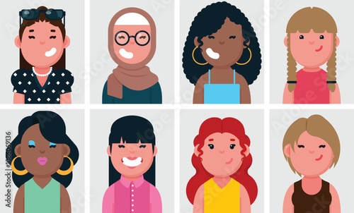 Set of flat portraits of happy women. Collection of colored cartoon characters women in different outfits, profiles picture, vector illustration.