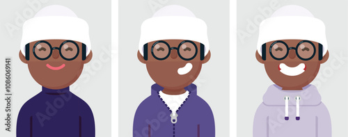 Set of flat portraits of happy Black man wear glasses and Beanie, Collection of colored cartoon character man in different poses and outfits, profiles pictures, vector illustration.