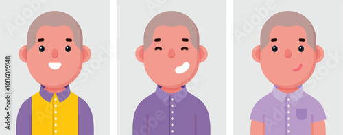 Set of flat portraits of Happy man. Collection of colored cartoon character man in different poses and outfits, profiles pictures, vector illustration.