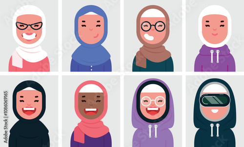 Set of flat portraits of happy muslim women in hijab. Collection of colored cartoon characters women in different outfits, profiles picture, vector illustration.