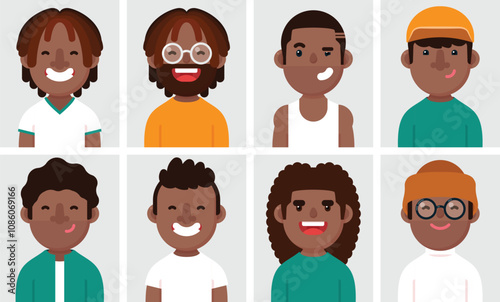 Set of flat portraits of happy Black men. Collection of colored cartoon characters men in different outfits, profiles picture, vector illustration.