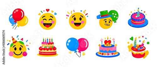 Set of colorful birthday emojis, cakes, and balloons.