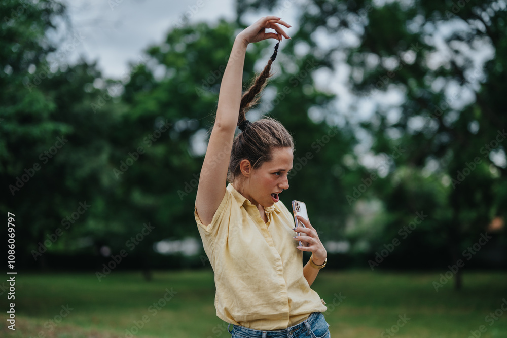 Young woman enjoying herself in the park, playfully lifting her hair and having fun alone in a natural setting. Young woman enjoying herself in the park, playfully lifting her hair and having fun alone in a natural setting.