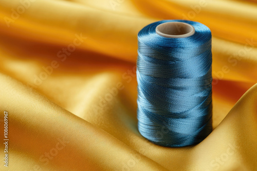 A striking blue spool of thread is displayed on top of a vivid yellow fabric, creating an eye-catching contrast and dynamic blend of complementary colors. photo