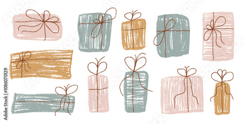 Crayon gift box set. Holiday present in boho pastel color wrap paper with simple ribbon decoration. Scribble naive style festive elements. Vector illustration on white background.