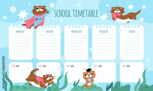 Cute weekly planner. Funny otters swim with hearts and stars. Kids school schedule design template. Kawaii animals timetable. Superhero weasel. Lessons planning list. Garish vector poster